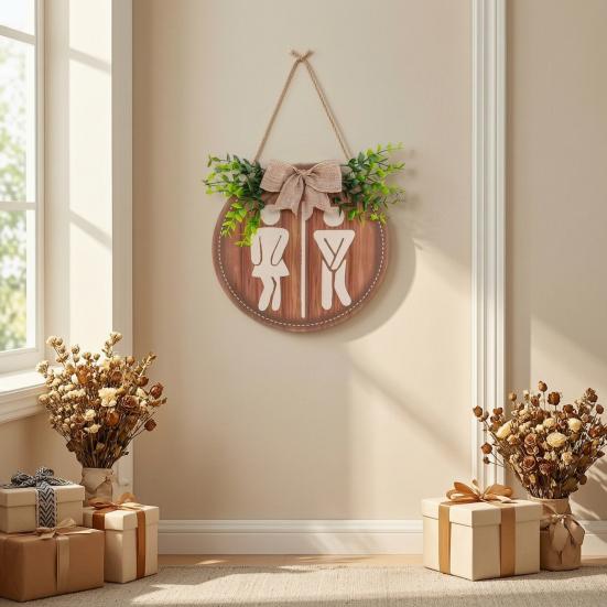 Massivholz Badezimmer Wandkunst Holz Toilettenschild, Herren und Damen Toilette Geschlechtsneutrales Schild Runde Rustikale Bauernhaus Hängeschild für Waschraum