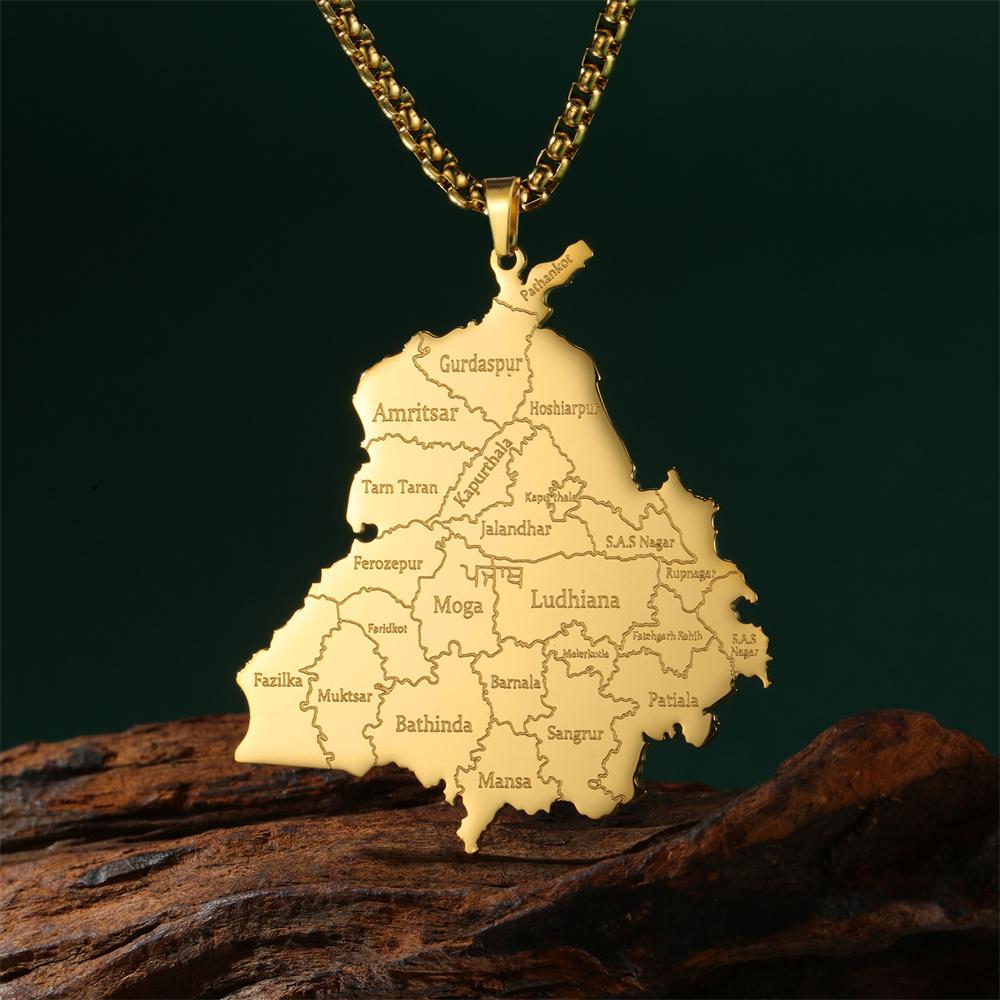  India Punjab State Map Pendant Necklace for Man Stainless Steel Box Chain Geography Country Necklaces Ethnic Jewelry