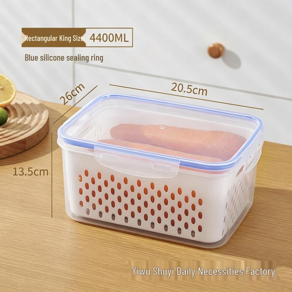 Japanese Double-Layer Food Storage Box with Draining and Fresh-Keeping Function for Refrigerator and Freezer Use.