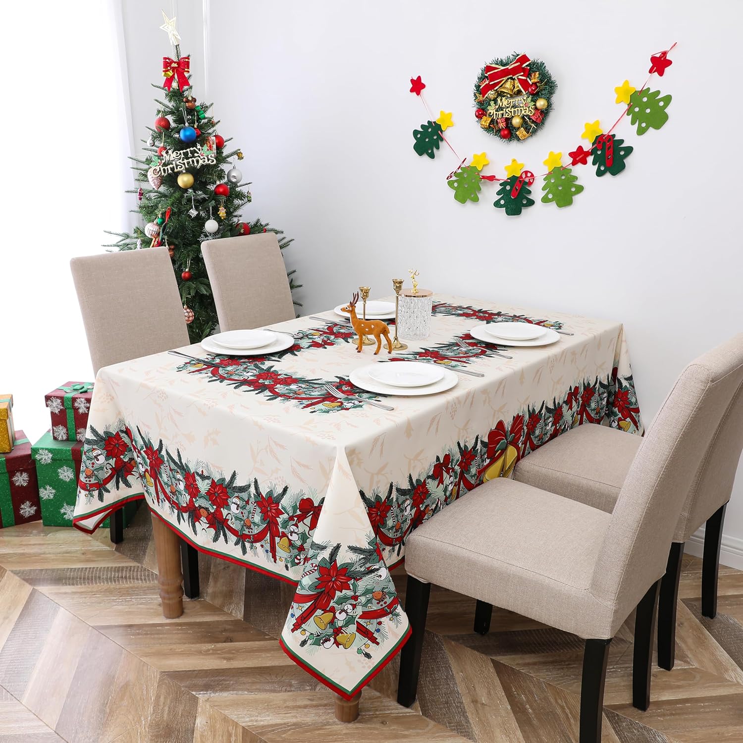 Christmas Bells Snowman Poinsettia Rectangle Tablecloth Party Decorations Winter Xmas Waterproof Tablecloth Christmas Decoration 90x140cm