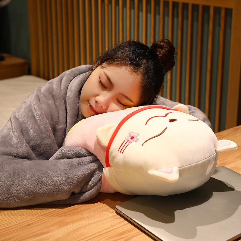 Lucky Cat Plush Pillow+Carpet 2 In 1 Stuffed Maneki Neko Sleep Blanket Cushion Hand Warmer Cartoon Throw Pillow with Blanket