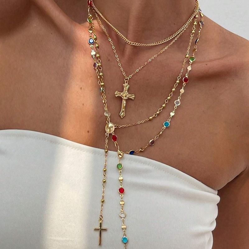 4pcs/Set Bohemian Style Colorful Crystal & Vintage Metal Cross Pendant Y-Necklace Set, Suitable For Women's Everyday And Holiday Wear