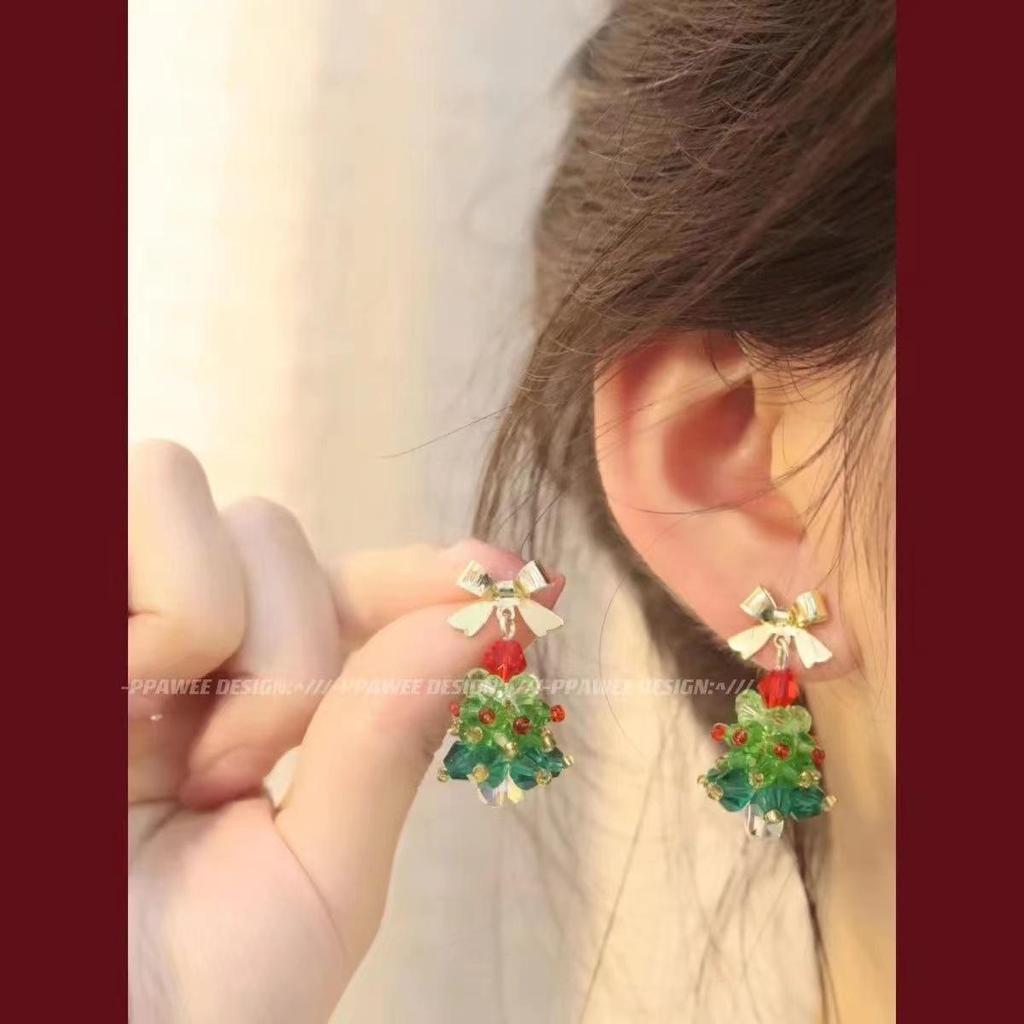 3D Christmas Tree Earrings with Red Bow - Heavy Beaded Crystal Ear Clips, Hand-Woven Holiday Accessories
