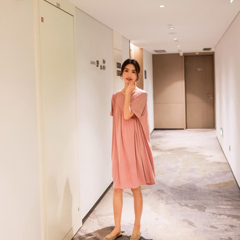 Plus Size Summer Modal Nightdress: Loose, Short-Sleeve V-Neck Pleated Long Home Dress