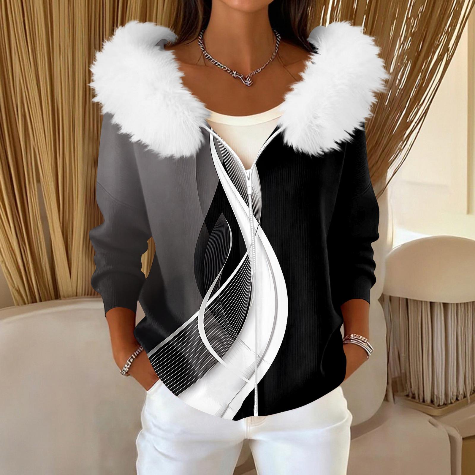 Женский модный повседневный свитер на молнии с принтом кардиган плюшевая куртка с капюшоном L чёрный 2390₽