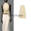 Autumn New Women's Clothing Vacation Style Hanging Collar Open Back Sun Ruched Chinlon Blended Tops 1026149