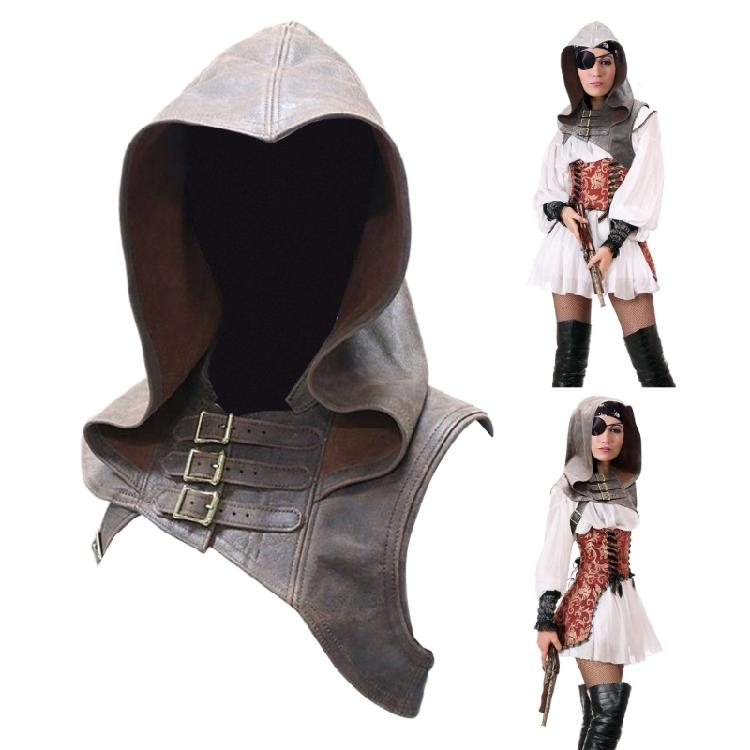 Unisex Faux Leather Medieval Cowl Hat Steampunk Gothic Hooded Cloak Cape with Adjustable Strap for Costume Enthusiasts