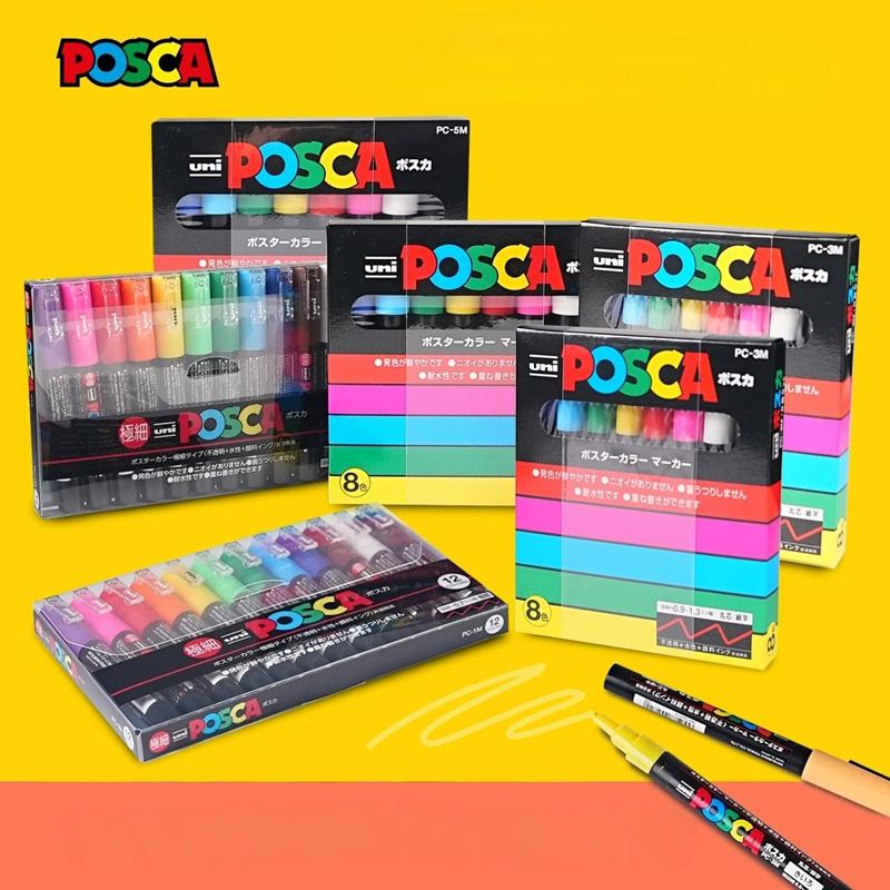 Japan Uni POSCA Markers Set Water-Based Acrylic Paint Pen Rock Painting PC-1M PC-3M PC-5M PC-8K PC-17K Full Colors Range Drawing