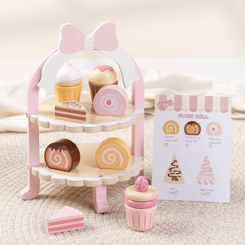 Wooden Double-Layer Dessert Stand Toy Set - Pink Bow Theme Children s Tea Party Pretend Play Toy Includes Cakes and Menu Cards