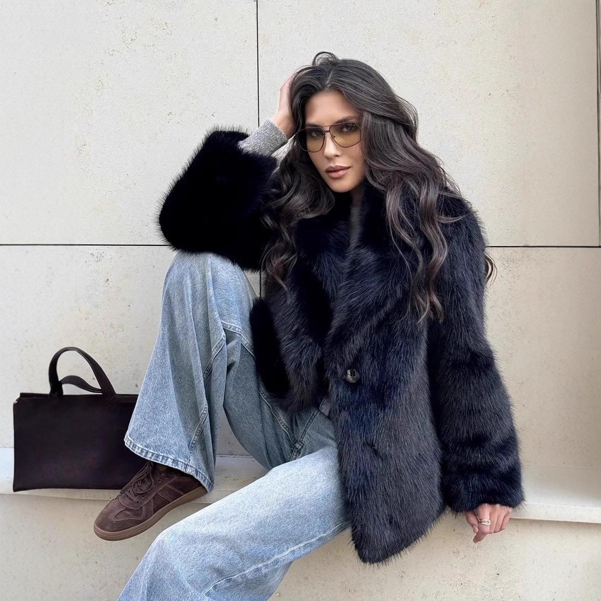

Women s winter imitation fox fur fur fur coat medium and long belt artificial fur coat S