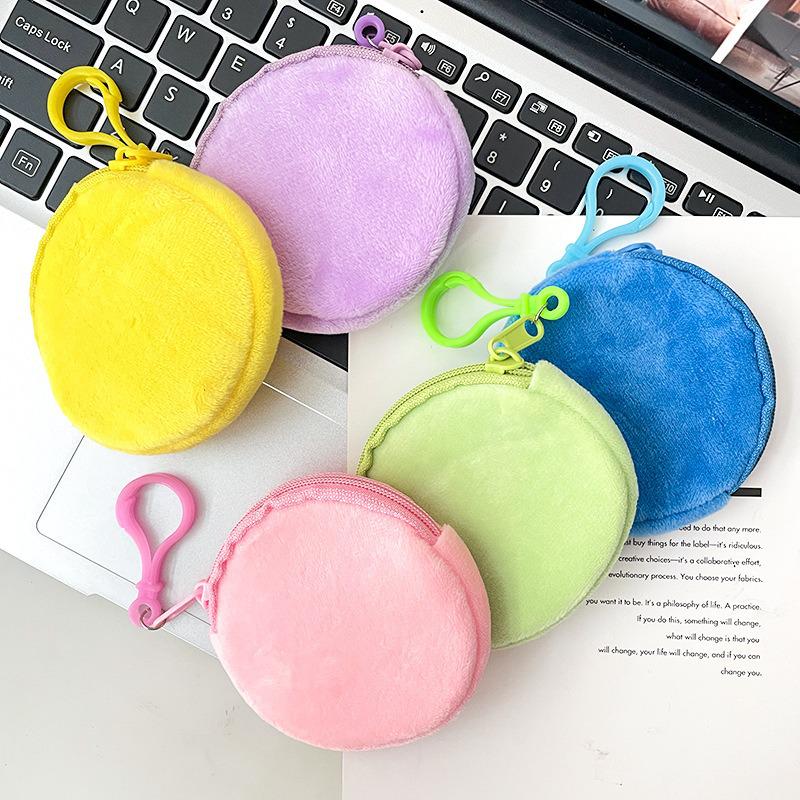 Candy Color Plush Round Coin Purse - Women's Cute Solid Wallet with ID Holder & Keyring