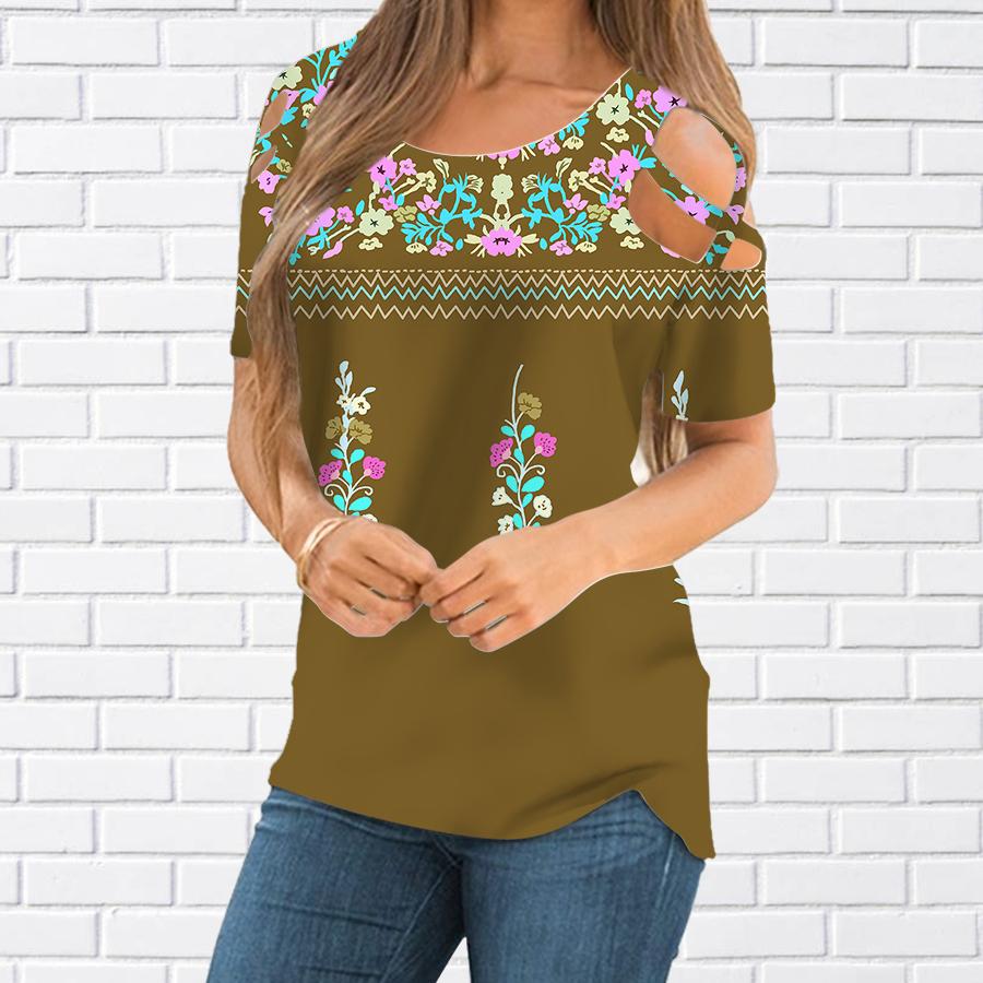 

Женский топ, летний новый модный топ с симметричным цветочным принтом и застежкой-молнией с v-образным вырезом и короткими рукавами 2XL дубильная кора