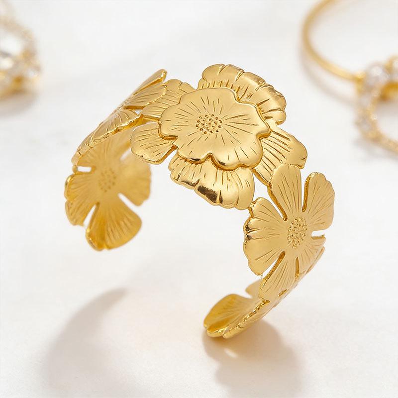 Gold Metal Open Bangle with Large Floral Design - High-End Women's Statement Jewelry