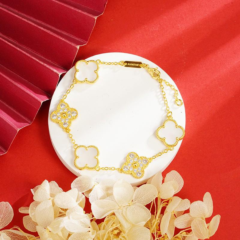 Vietnam Gold-Plated Clover Necklace, Ring & Five-Flower Bracelet Set