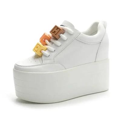 12CM Vaca Cuero Genuino Mujer Otoño Primavera Moda Tacones Ocultos Señoras Color Plataforma Cuña Zapatillas Gruesas Zapatos de Suela Gruesa