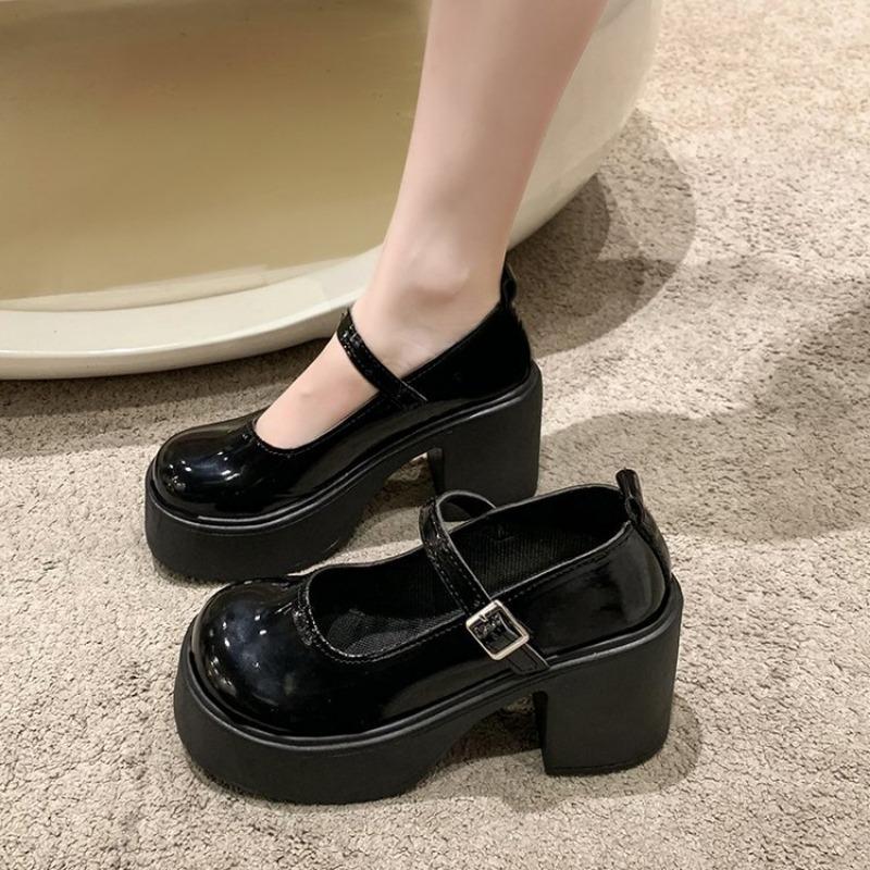 

Mary Jane small leather shoes spring and autumn new retro thick heel black single shoes princess buckle high heels 35 чёрный