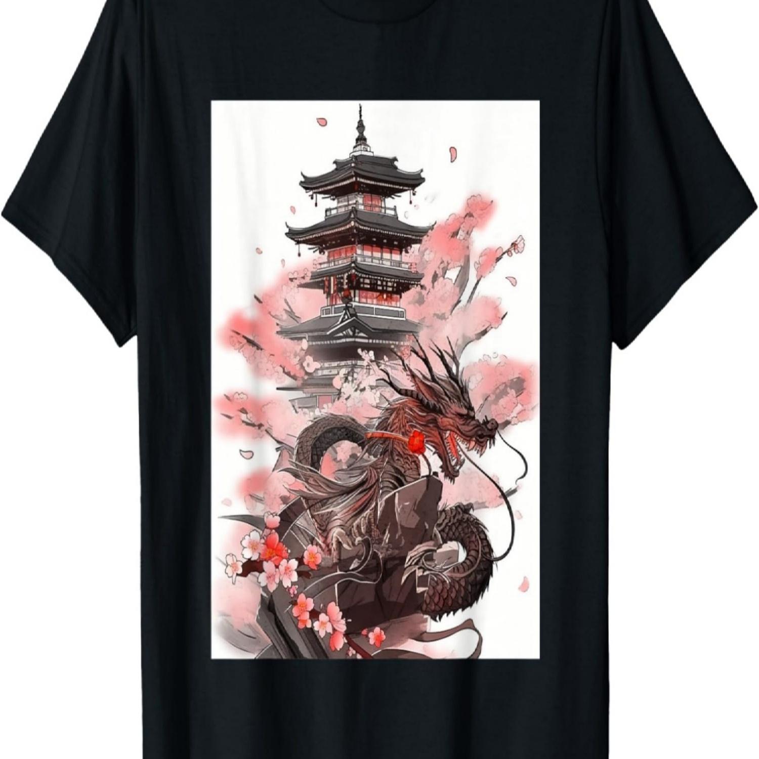 Japan Art Dragon  Temple Sakura Cherry Blossom T-Shirt S чёрный