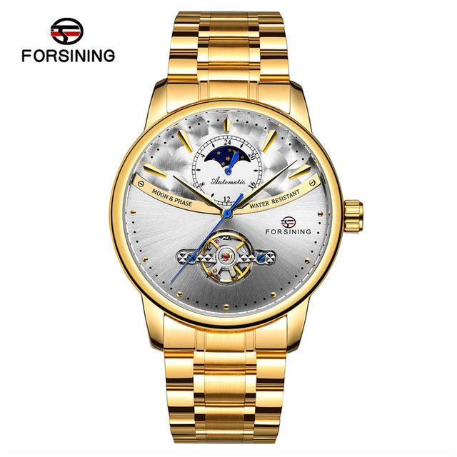 Forsining Automatic Watch Men's Blue Moon Phase Tourbillon Mechanical Watches Black Steel Band Waterproof Clock