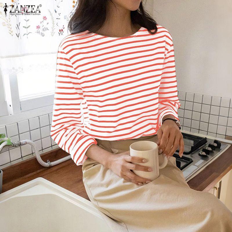 ZANZEA Bluză lejeră, cu mâneci lungi, în dungi, cu gât rotund