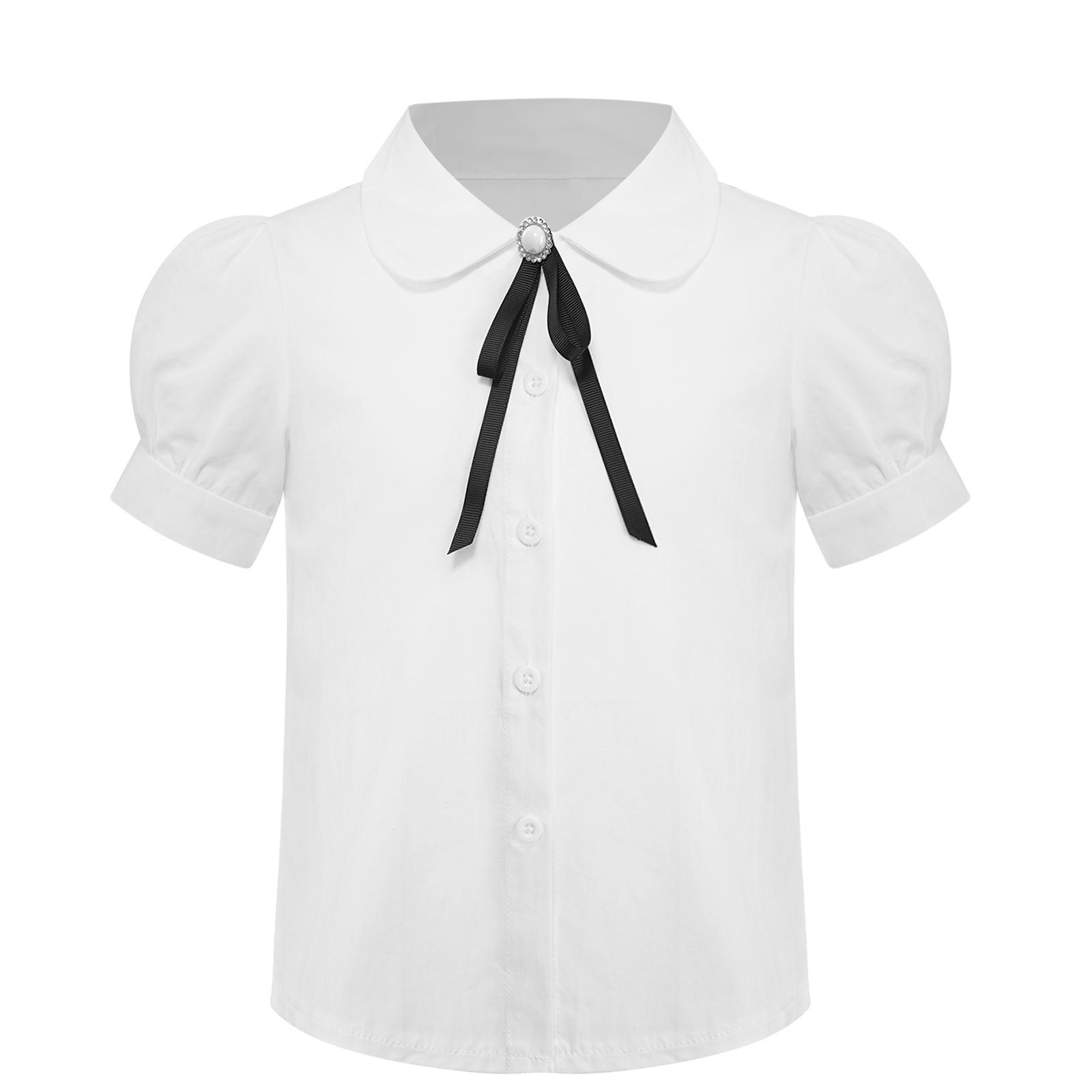 

Детская симпатичная блузка с коротким рукавом для девочек, однотонная, с отложным воротником, бантом, на пуговицах, повседневная одежда белый