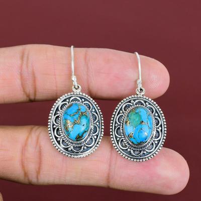 Boucle d'oreille Turquoise Bleu Cuivre Boucles d'oreilles Pierre Précieuse Boucle d'oreille Argent Sterling 925 Bijou Vintage Boucle d'oreille Faite Main Cadeaux Pour Femmes Bijou Élégant