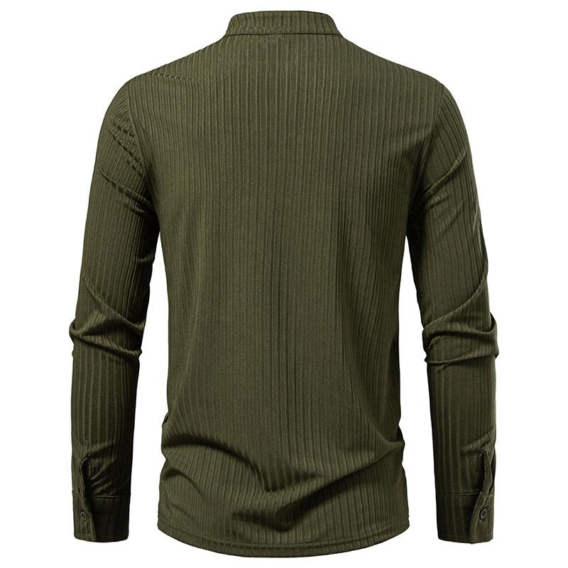 Men's Lace-Up Stand Collar Striped Shirt Long Sleeve Casual Top for Men Spring Autumn Fashion Multi-Color Textured Male Blouse