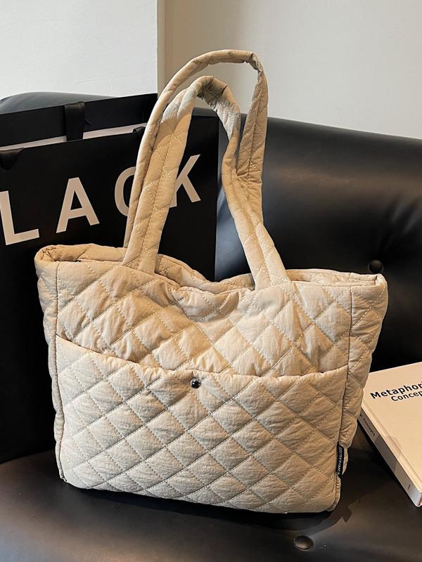 Large Diamond Lattice Cotton Padded Women's Tote – Autumn/Winter Casual Fashion Handbag