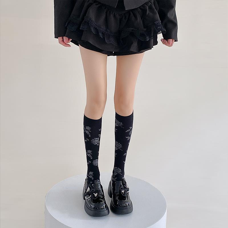 Ladies Spring and Summer Thin Style Retro Dark Rose Flower Calf Socks