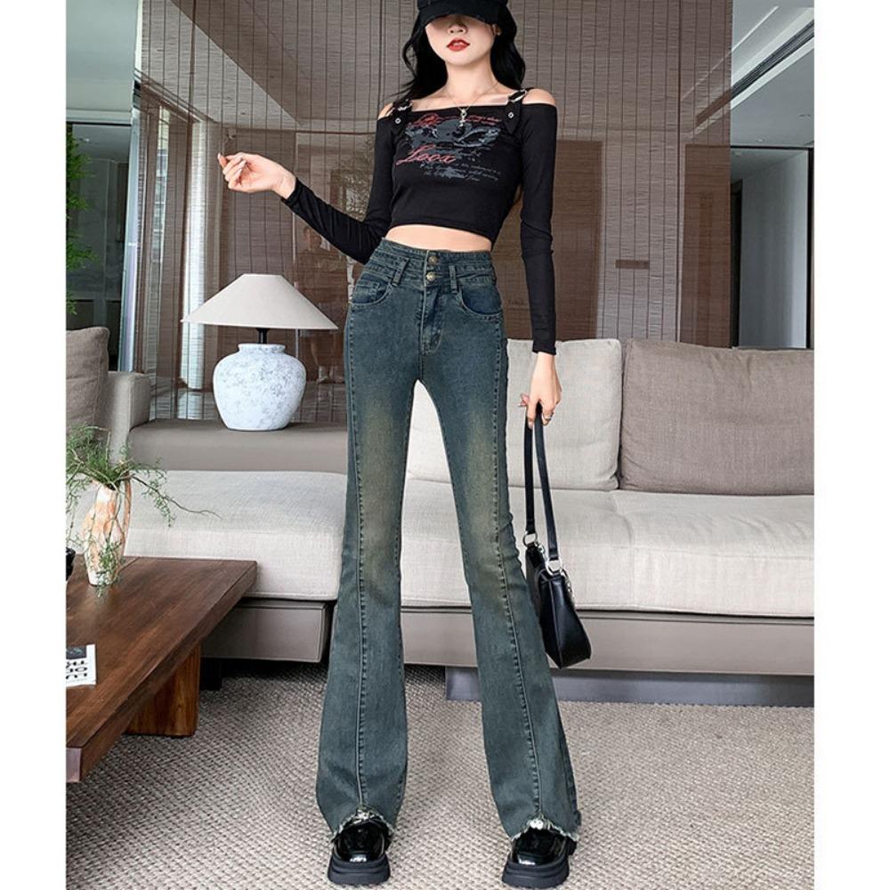 

Трендовые персонализированные джинсы микро-пулл на двух пуговицах весна и осень новые с необработанным краем свободные микро-клеш джинсы-подковы XL