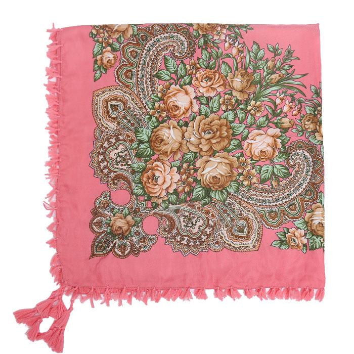 90*90CM Women Russian Style Peony Floral Printed Long Tassel Large Square Scarf Warm Wrap Traditional Ethnic Mexican Shawl