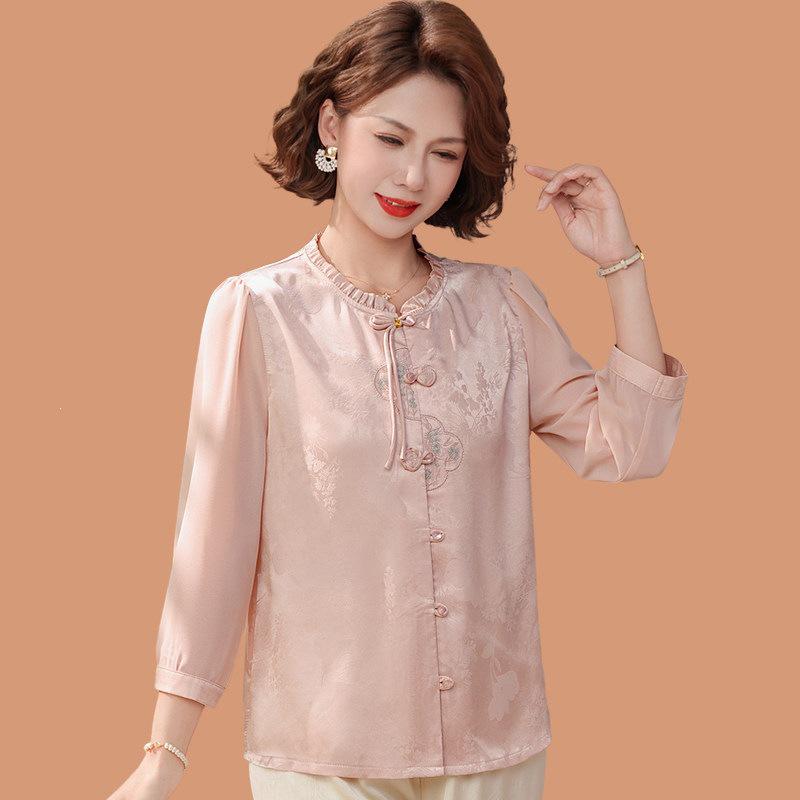 

Mom s Spring New Chinese National Style Gauze Sleeve Top for Middle-Aged & Elderly Women 4XL (approx. 135-145 jin)