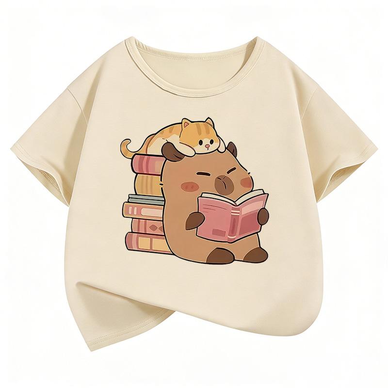 Summer Spring Cute Cat with Capybara Reading Book T Shirts Short Sleeve Kids Children's T-shirt Boys Girls Casual Top Tee Shirt
