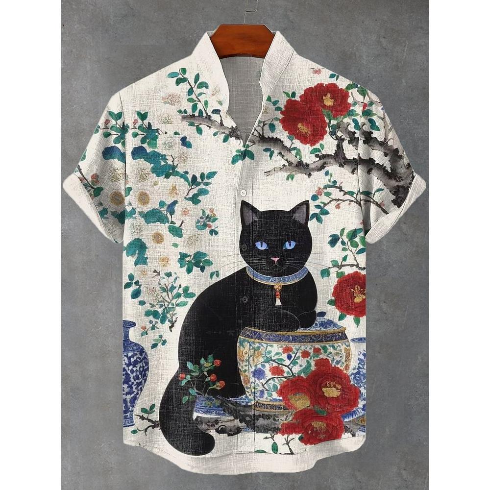 Men's Sunflower Cat All Over Art Print Shirts 3D Anime Hawaiian Shirt Men Women Short Sleeve Lapel Blouse Oversized Y2k Top