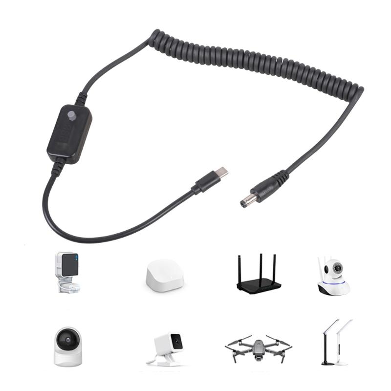 USB C To DC5.5x2.1mm Coiled Power Cable Cord Adjustable Voltages 5V 9V 12V 15V 20V for Fast Charging Devices Black