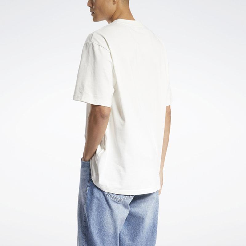 Reebok Camiseta Esportiva Casual de Gola Redonda e Manga Curta com Estampa de Letra, Corte Solto, Unissex, Tops Brancos HB9680