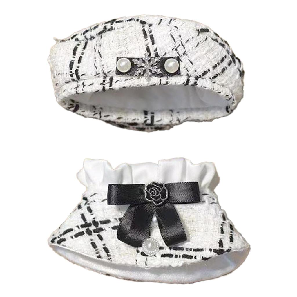 Tweed Beret & Cape Set for 10cm Dolls, White, Poncho, Hat, Cape, and Shawl, Check Pattern [Used]