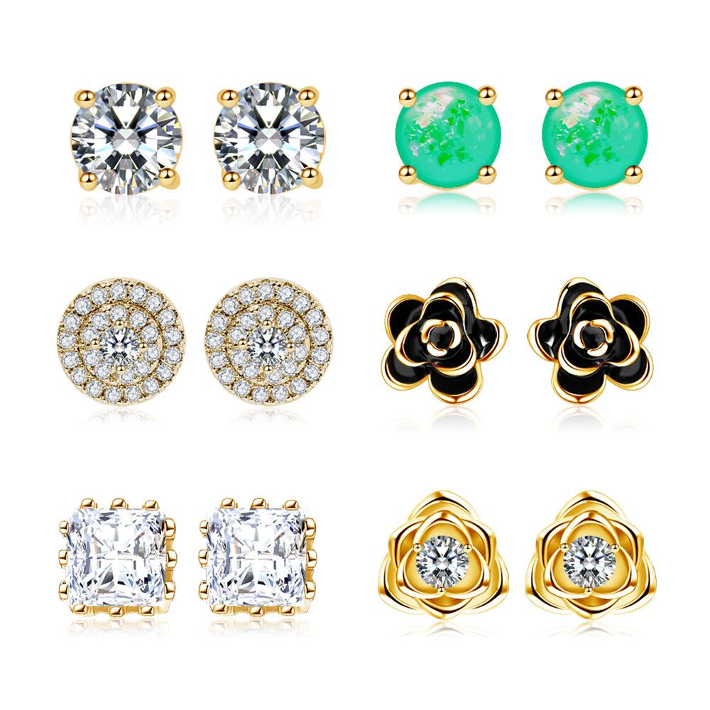 

Color Retention Electroplating Copper Inlaid Zircon Dripping Oil Roses Six Pairs Of Earrings Earrings Women