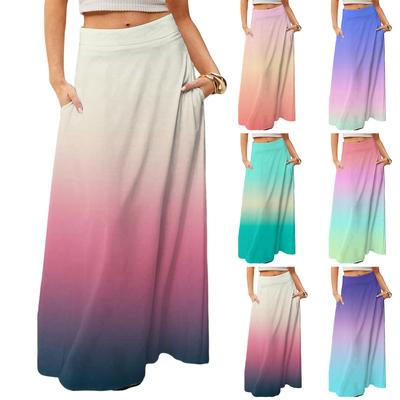 Damen Lässig Freizeit Faltbar Farbverlauf Druck Hohe Taille Mit Tasche Drapierter Entspannter Langer Maxi Rock