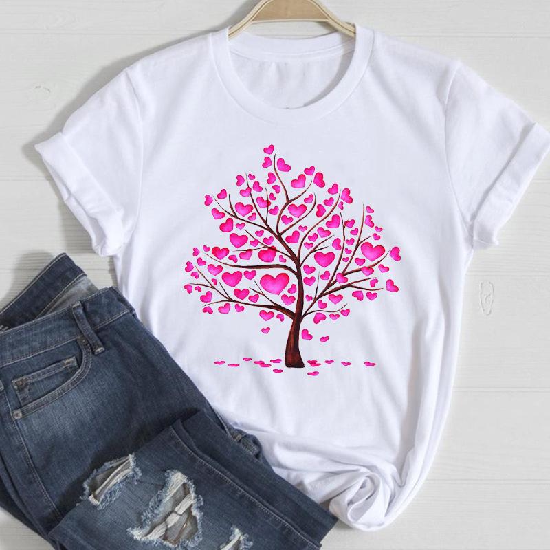 Sommar Dammode Tryckta Läppar Ren Bomull Rund Hals Lös T-shirt Dam