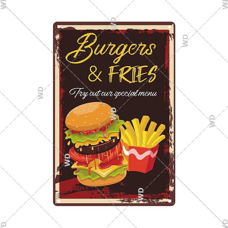 Panneau en étain pour hamburgers, frites, HotDogs, FastFood, Plaque métallique rétro Vintage, affiche en métal, Pizza BBQ pour décoration murale de cuisine