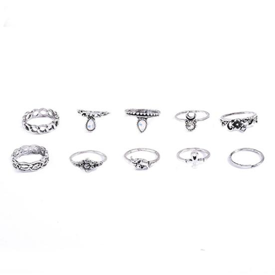 10Pcs Elephant Moon Flower Rhinestone Women Vintage Above Knuckle Midi Ring Set