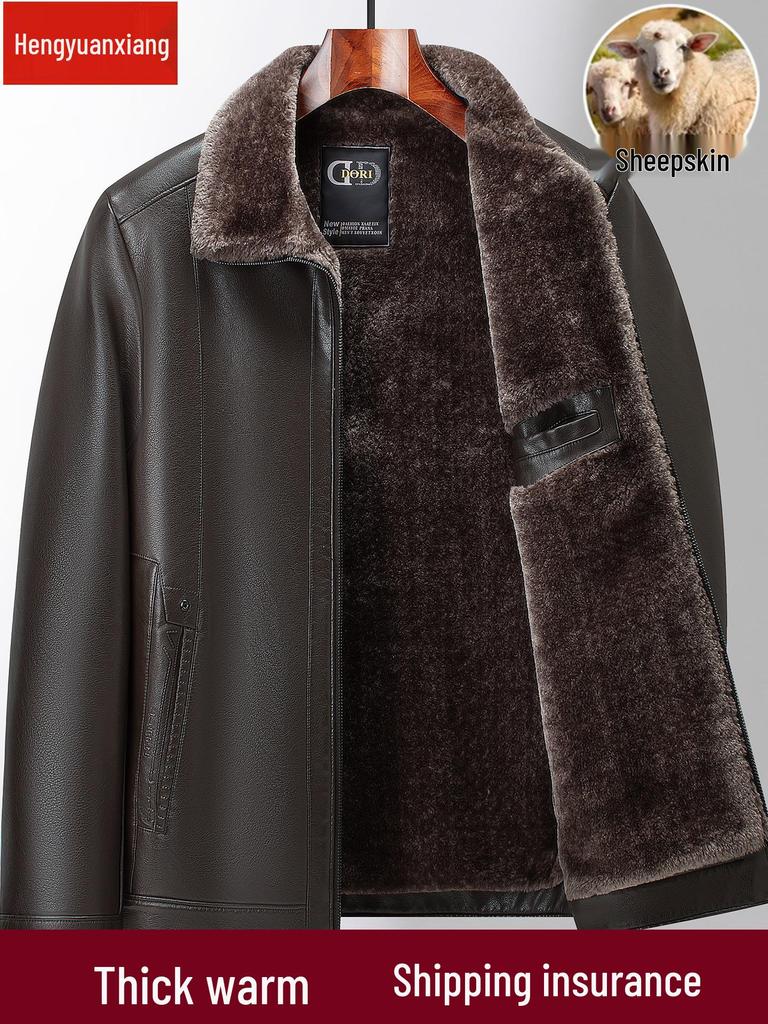 Men's Genuine Sheepskin Leather Jacket - Warm, Thickened, Stylish Outerwear for Middle-Aged and Elderly Men
