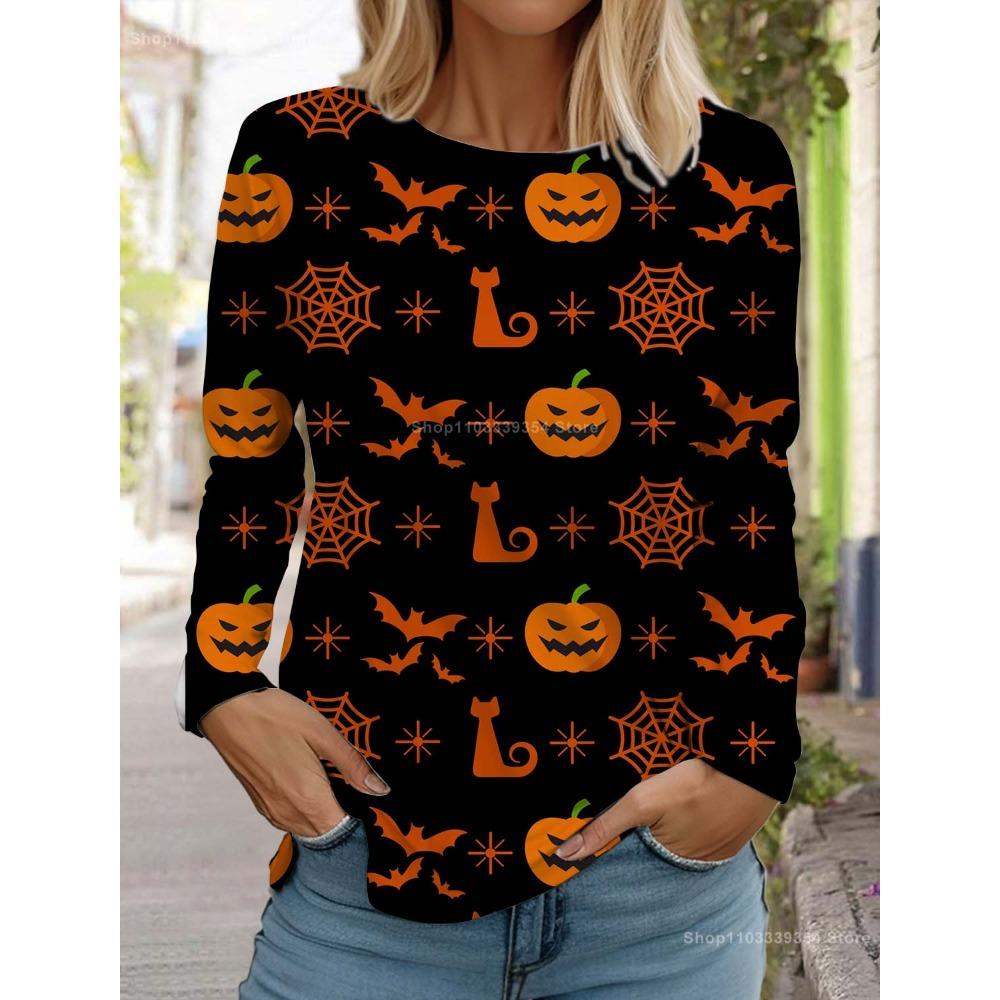 Halloween Women's Long Sleeved T-shirt Pumpkin 3D Printed Autumn Long Sleeve T-Shirt Autumn Casual Tops For Women Clothing Tops