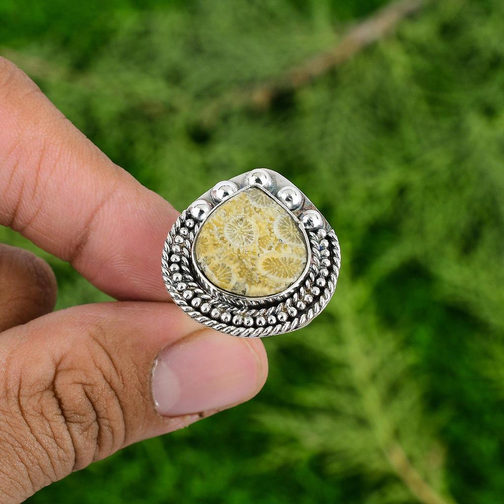 Thanks Giving Day Deal 925 Silver Pear Fossil Coral Stone Promise Solitaire Ring
