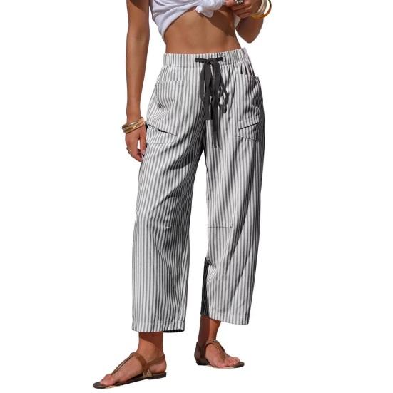Summer Pants, Casual Wide Leg Trousers for Women, Elastic Drawstring Waist Long Trousers with Striped Print, for Everyday Wear