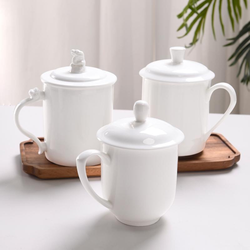 Pure White Mug Household Cup Cup Drinking Water Lid Cup Office Brewing Tea Cup Ceramic Handle with Lid Meeting Cup