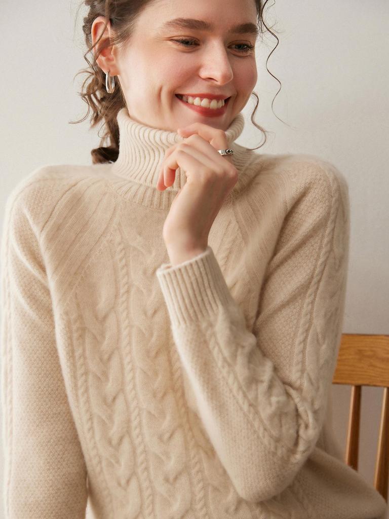 Women's High-Neck Cable Knit Cashmere Sweater: Pullover, Loose Fit, Raglan Long Sleeves - Perfect Base Layer for Autumn and Winter.