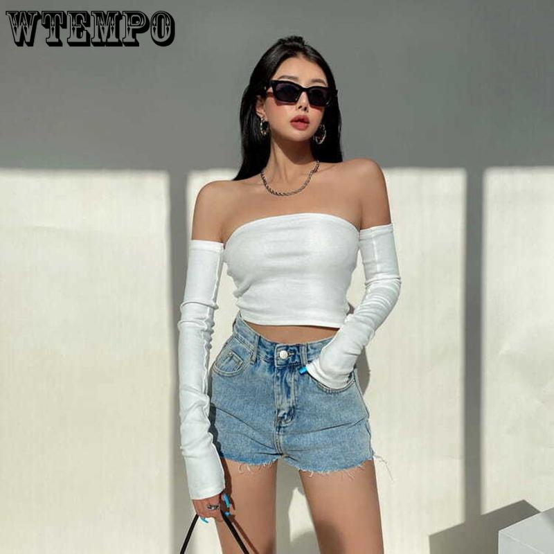 WTEMPO Schulterfrei Slim Party Club Kurze T-Shirts Damen Frühling Sommer Schwarz Weiß Freizeithemden