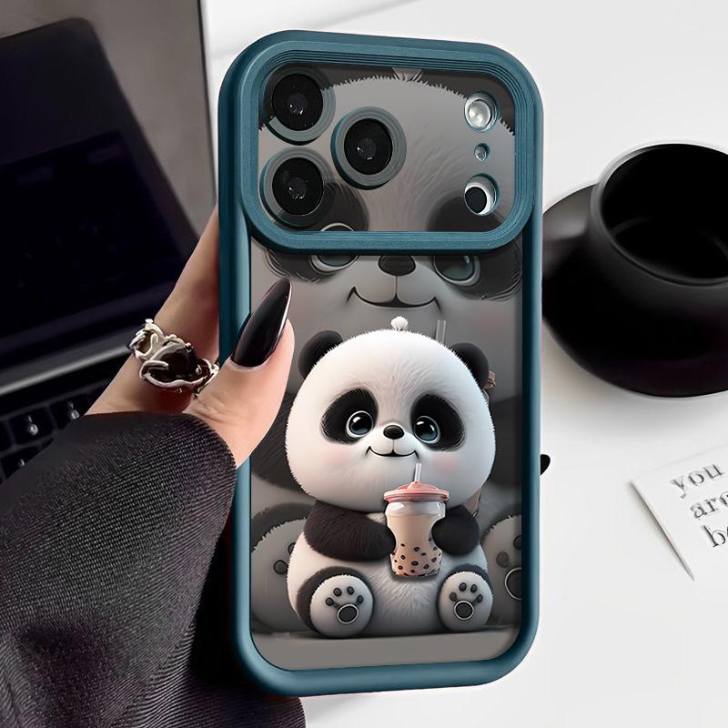 Milk tea-drinking Panda Pattern Case For iPhone 17 Pro Max Funda Shockproof Bumper Cover For iPhone 16 Pro Max 15 14 13 12 11 Air 16E