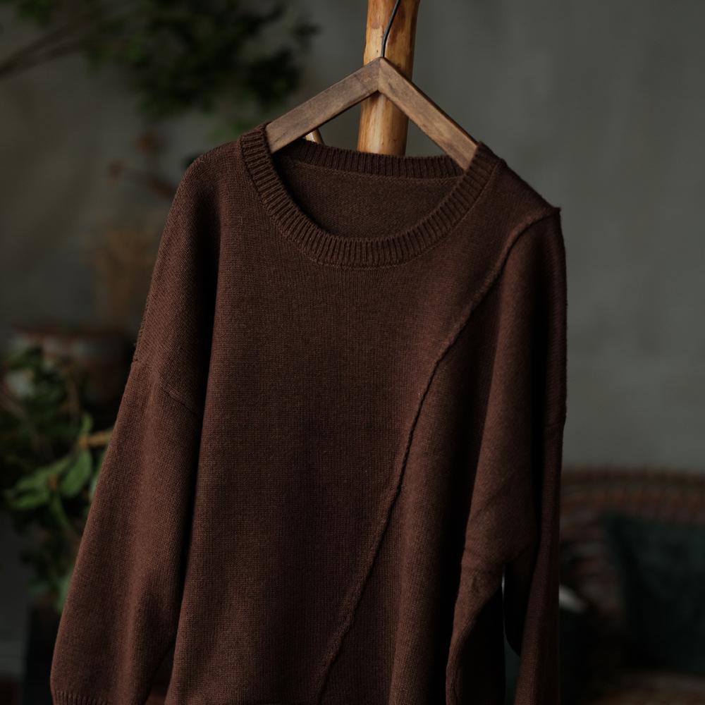 Johnature Women Vintage Pullover Sweaters Solid Color Irregular Patchwork O-Neck Long Sleeve Knitted Autumn Winter Sweaters